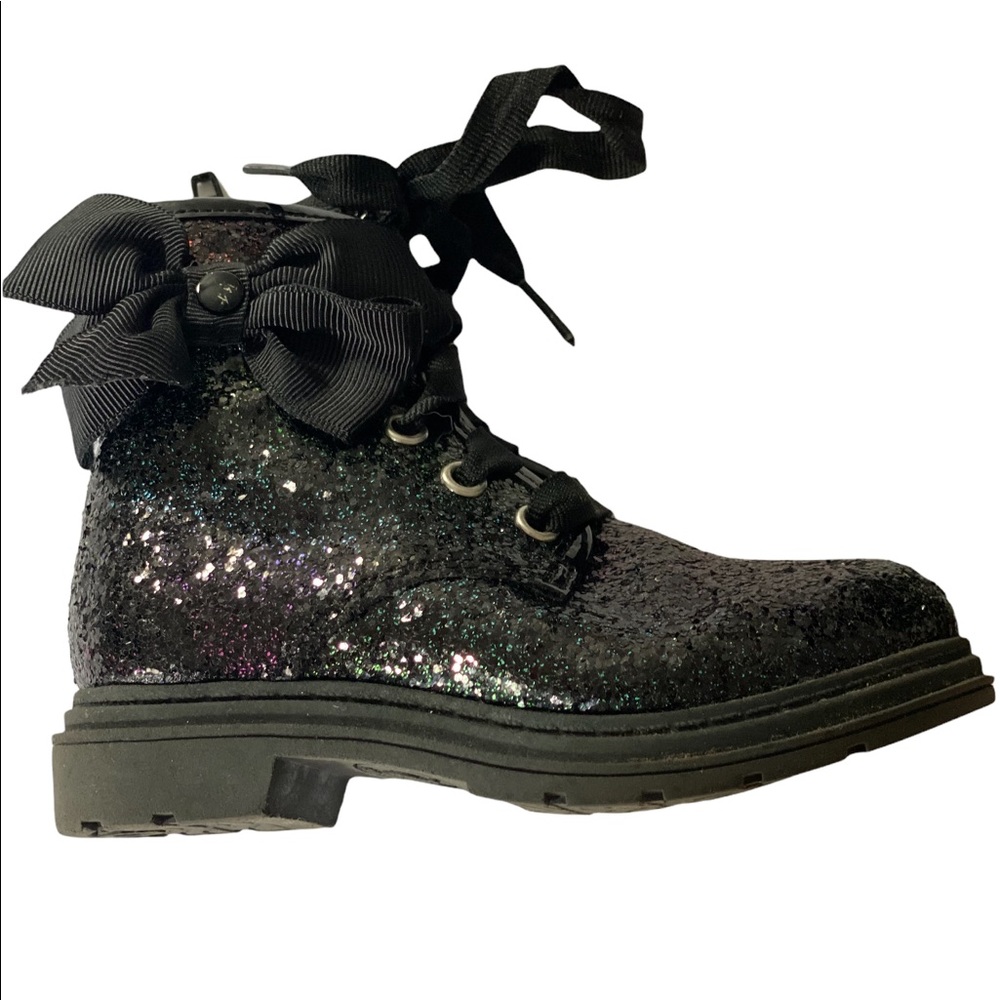 Toddler girl size 6 Jojo combat sparkle black zip and lace up boot with bows
